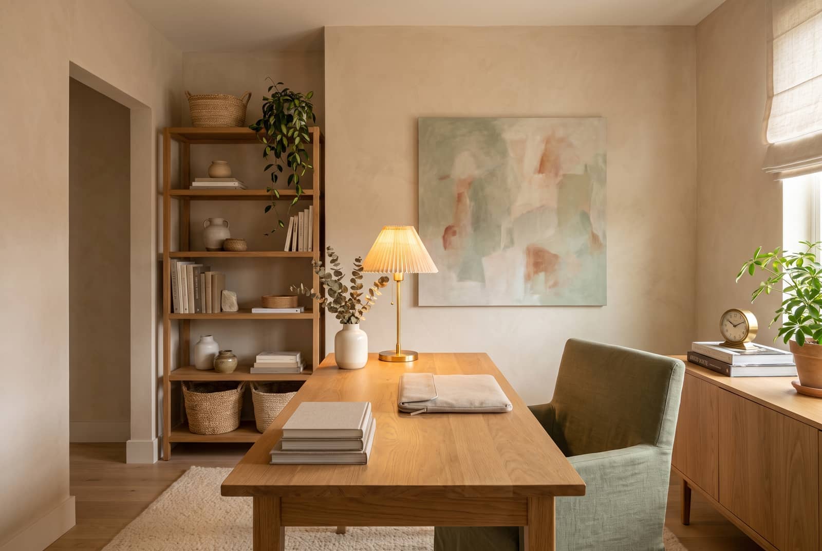 Oficina en casa con escritorio de madera, estantes y planta decorativa
