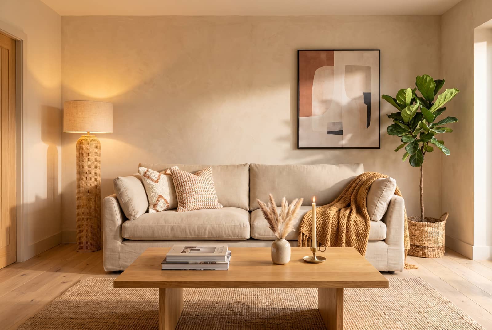 Sala con sofá modular, paleta neutra y luz cálida natural