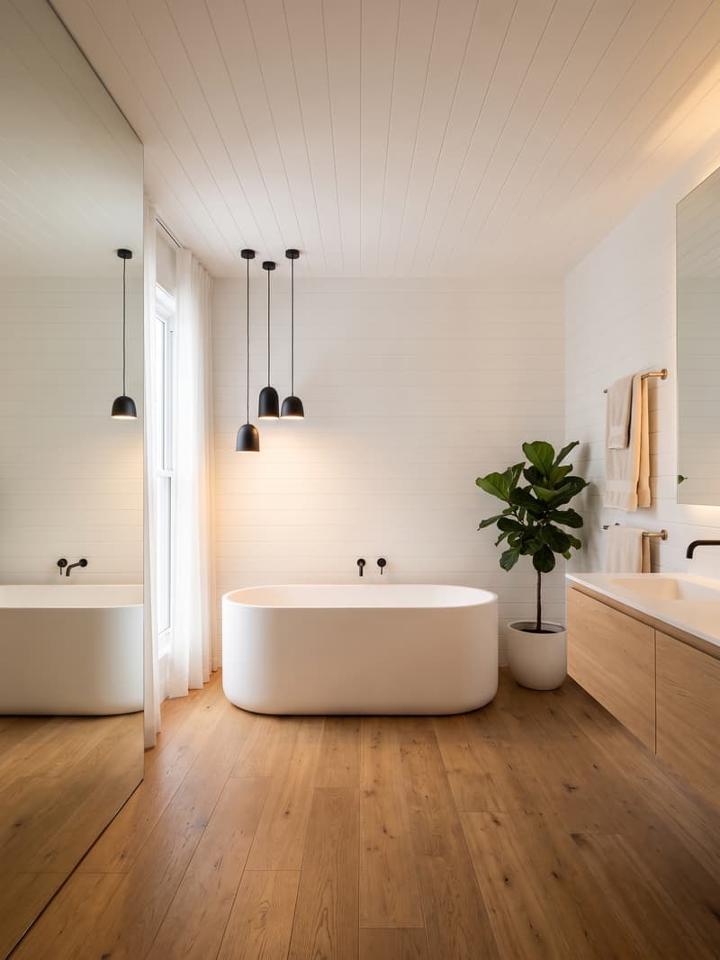 Baño nórdico luminoso con mueble de roble claro, espejo sin marco, lavabo blanco y planta verde