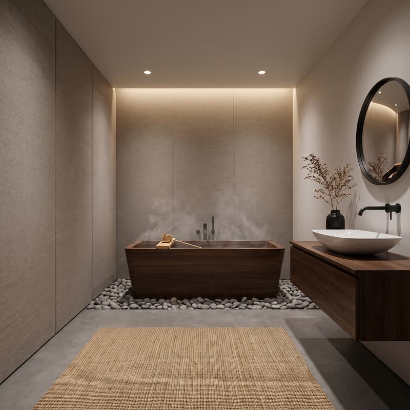 Baño japandi sereno con mueble flotante de nogal, lavabo cerámico, paredes de microcemento y rama decorativa
