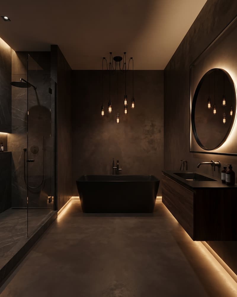 Baño moderno oscuro con azulejos cacao, mueble de madera, grifería dorada y espejo retroiluminado