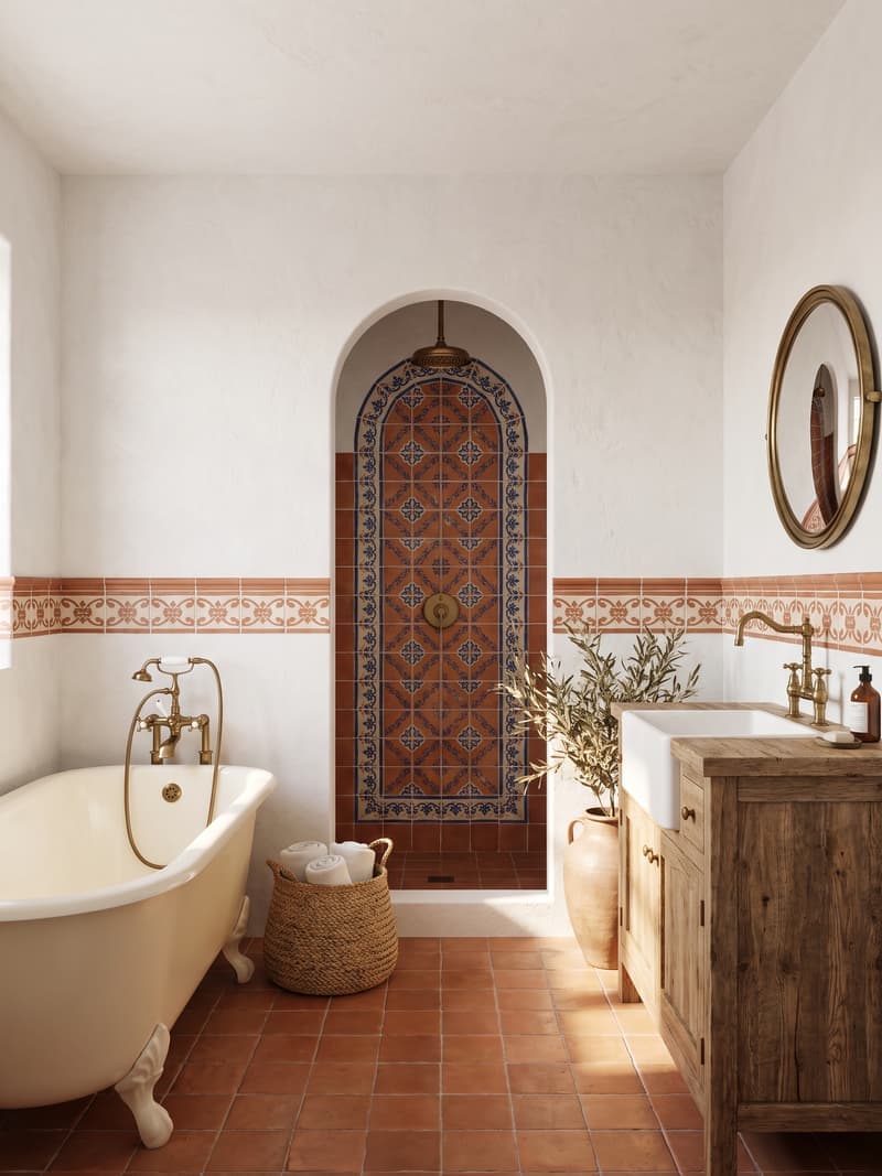 Baño mediterráneo con azulejos terracota artesanales, arco, lavabo de piedra y grifería de latón