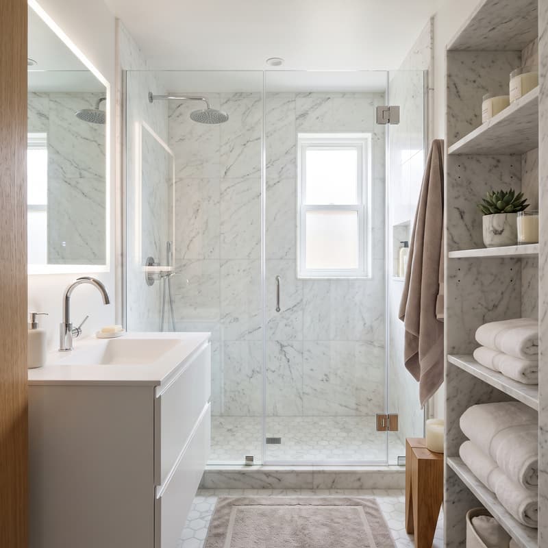 Baño pequeño elegante con mueble flotante compacto, espejo redondo grande, ducha de vidrio y nicho empotrado