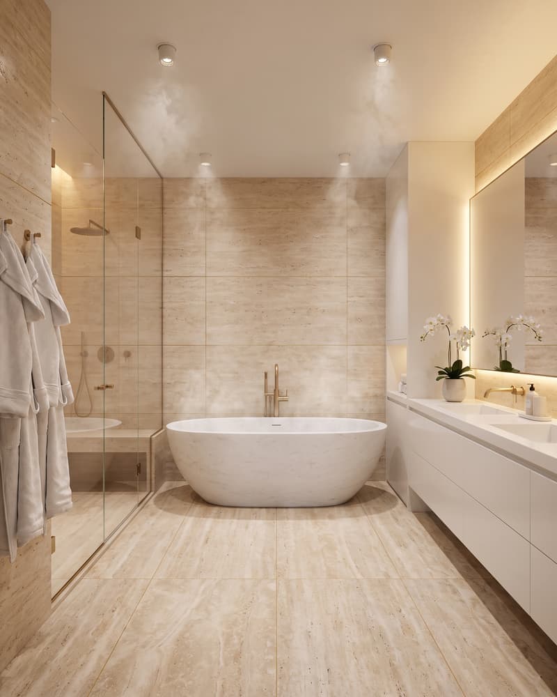 Baño spa en casa con bañera exenta ovalada, paredes de travertino, mueble de roble y luz indirecta cálida