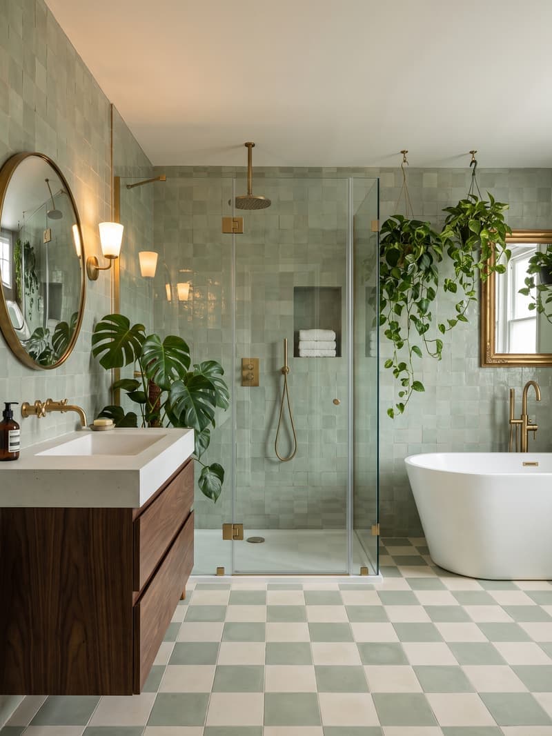 Baño contemporáneo verde salvia con azulejos verdes, mueble de nogal, espejo redondo y grifería de latón