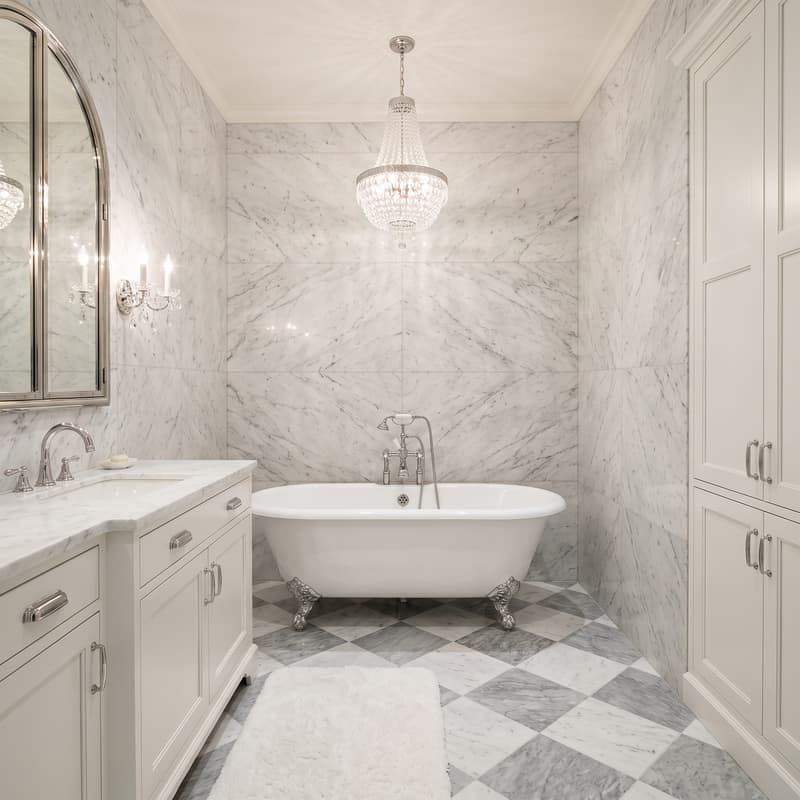 Baño clásico elegante con azulejos crema, mueble taupe, mármol, espejo enmarcado y grifería de latón