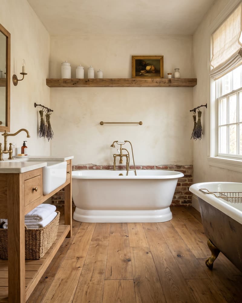 Baño rústico natural con mueble de roble recuperado, paredes de cal, lavabo de piedra, cestas y lino