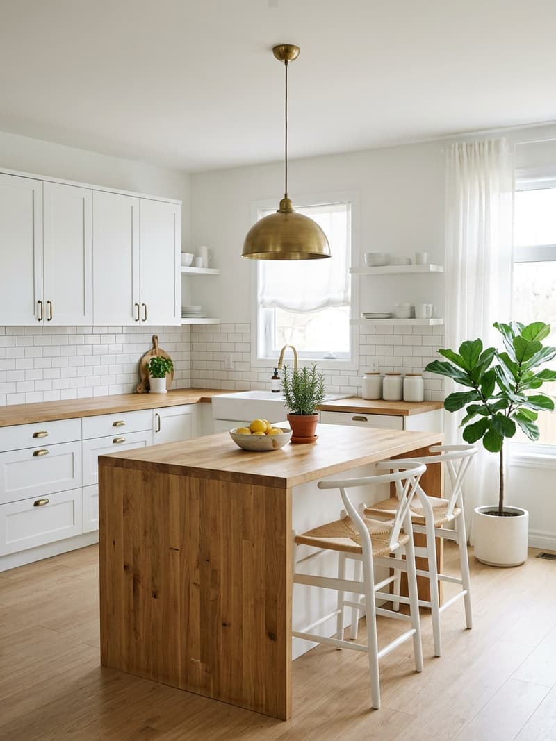 Cocina nórdica luminosa con gabinetes blancos, isla de madera clara, taburetes blancos y planta de hoja grande