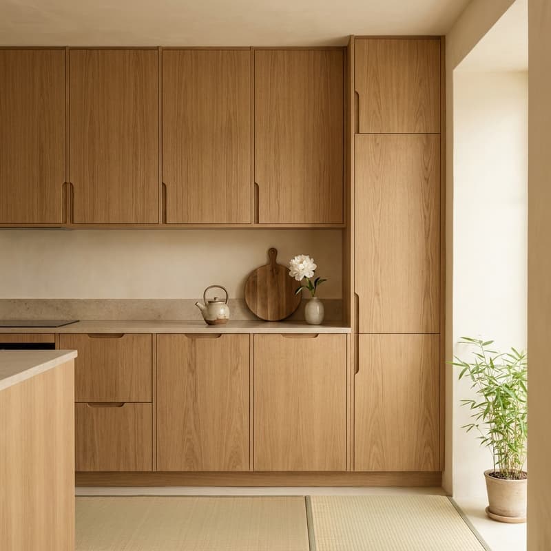 Cocina japandi serena con gabinetes de roble macizo con veta vertical, encimera de piedra beige, tetera de cerámica y peonía blanca