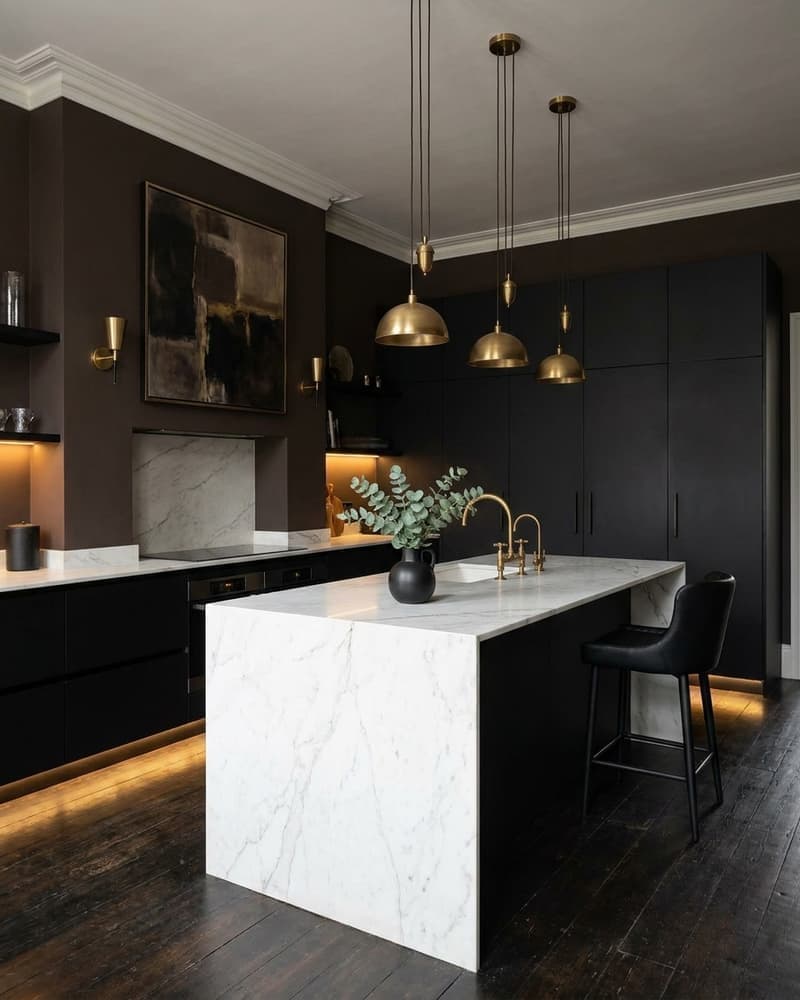 Cocina moderna oscura con gabinetes negros mate, isla de mármol Calacatta blanco, tres lámparas brass y cuadros abstractos