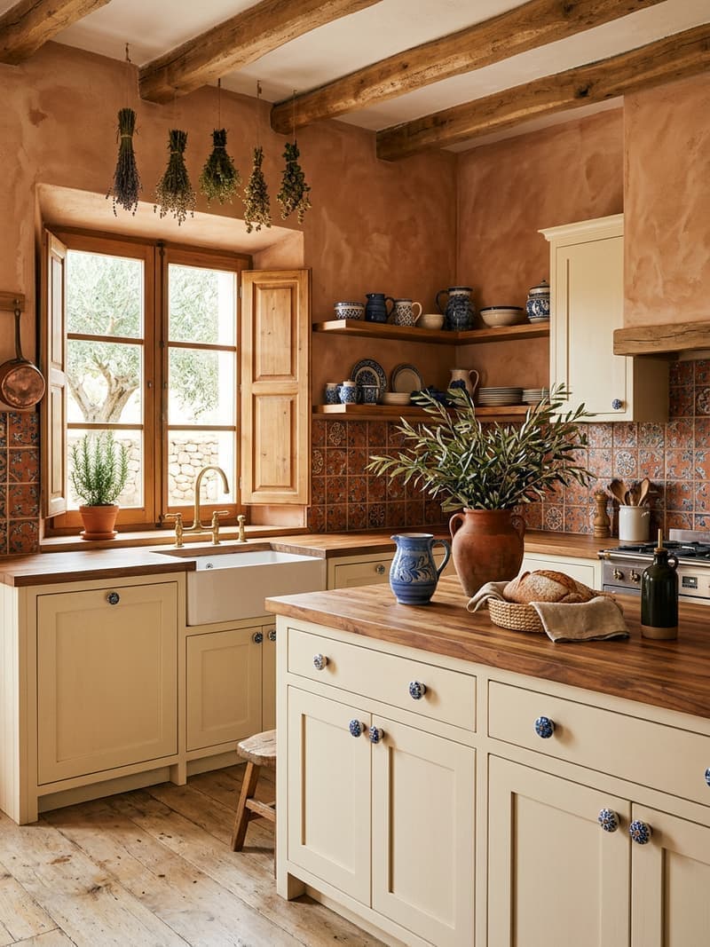 Cocina cálida mediterránea con gabinetes crema, azulejos pintados a mano terracota y azul, persianas de madera y vigas de madera