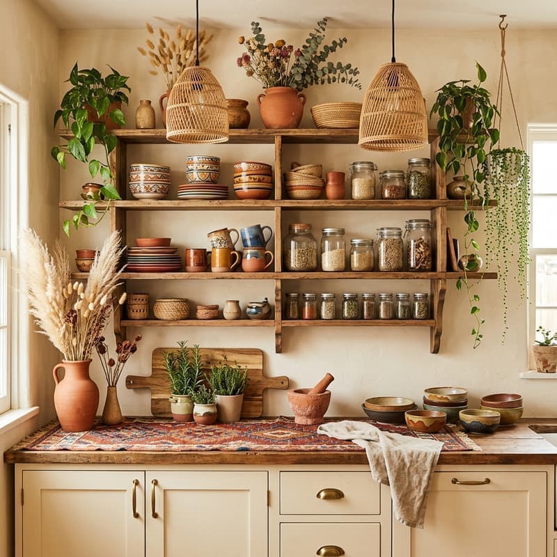 Cocina boho con repisas abiertas de madera, vajilla colorida, frascos de cristal, plantas colgantes y dos lámparas de rattán