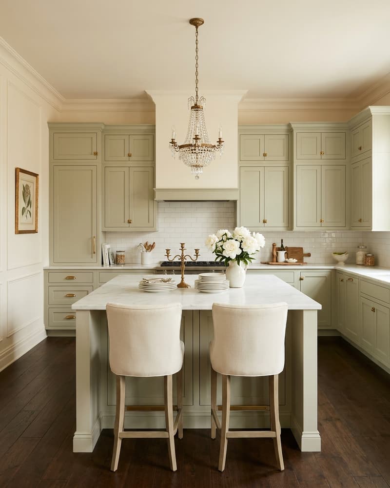 Cocina clásica elegante con gabinetes verde salvia, encimera de mármol, araña de cristal, cuadro botánico dorado y taburetes crema
