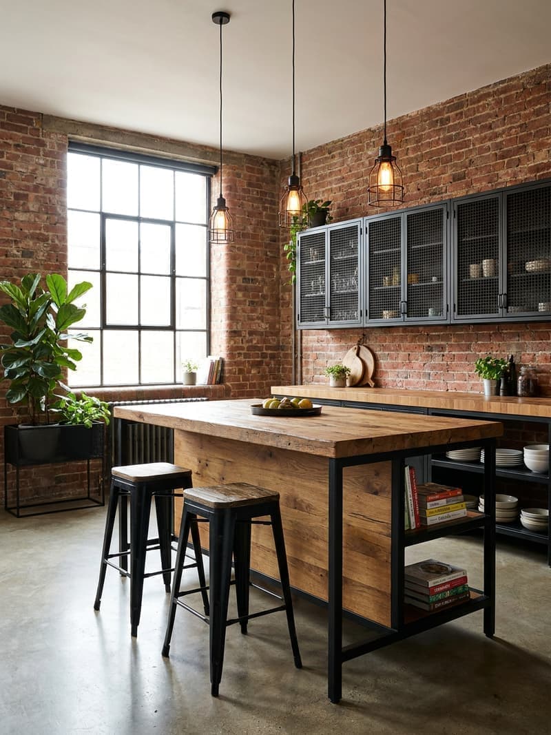 Cocina industrial cálida con isla de madera maciza y estructura negra, taburetes Tolix, pared de ladrillo expuesto y jaulas de luz con bombillas Edison