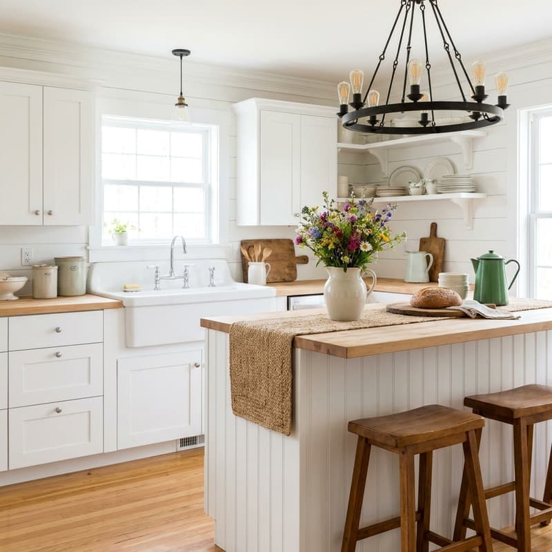Cocina rústica farmhouse con gabinetes shiplap blancos, fregadero apron-front, encimera de madera, flores silvestres y lámpara de hierro con Edison