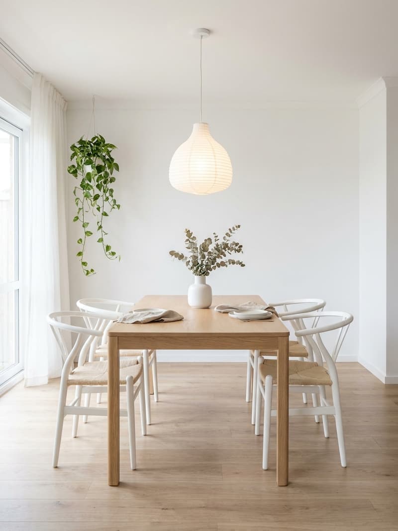 Comedor nórdico luminoso con mesa de roble claro, cuatro sillas blancas, lámpara de papel y planta colgante