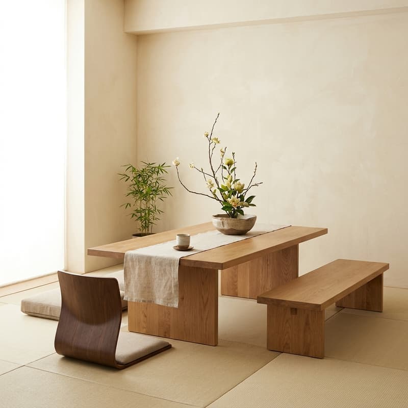 Comedor japandi sereno con mesa de roble macizo, banca, silla de bajo perfil, ikebana y tatami