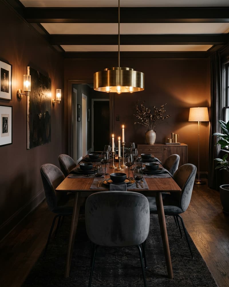 Comedor moderno oscuro con mesa de nogal, sillas de terciopelo gris, lámpara brass y paredes cocoa