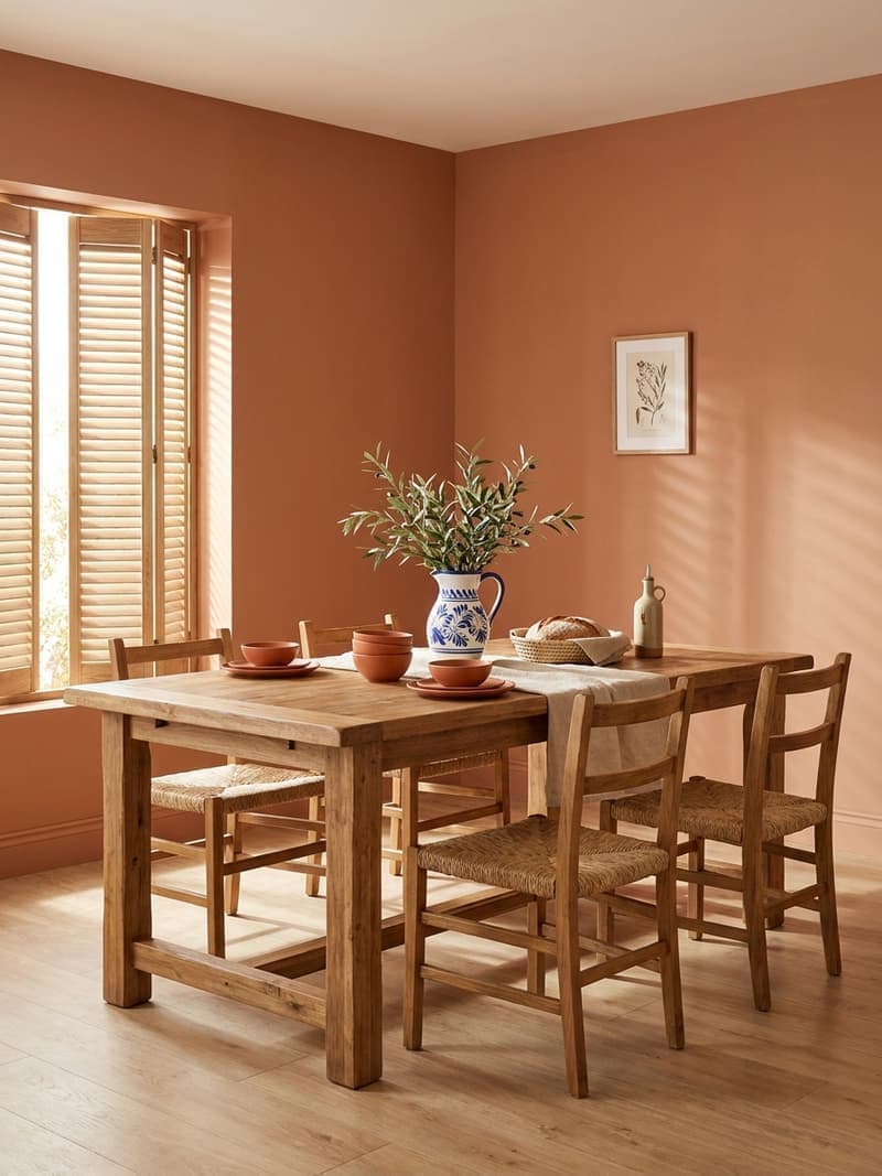 Comedor cálido mediterráneo con mesa rústica, paredes terracota, persianas de madera, jarra azul y olivo