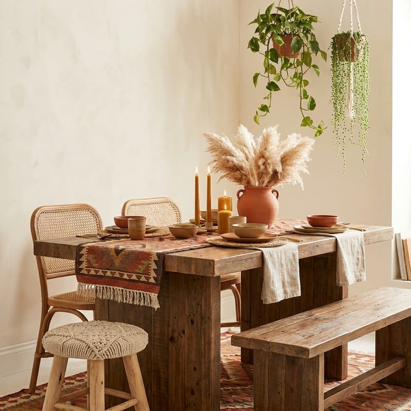 Comedor boho con mesa de madera reciclada, sillas de rattán y macramé, kilim, pampas y plantas colgantes