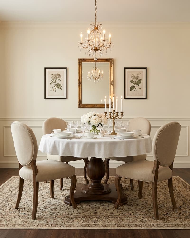 Comedor clásico elegante con mesa redonda de nogal, sillas beige tapizadas, araña de cristal, espejo dorado y cuadros botánicos
