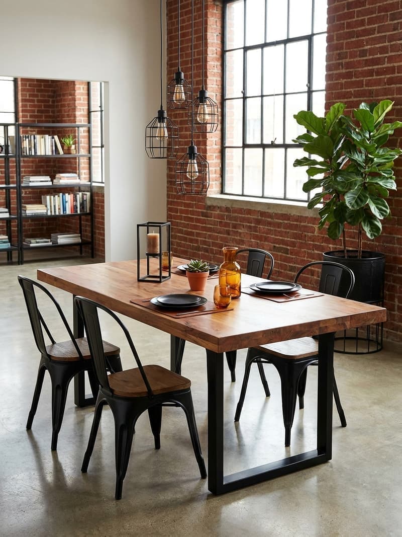 Comedor industrial cálido con mesa de madera y hierro, sillas Tolix, pared de ladrillo, jaulas de luz negras y fiddle-leaf