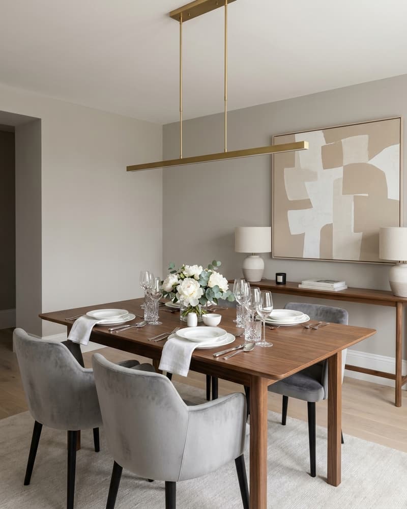 Comedor estilo hotel boutique con mesa perfectamente puesta, sillas gris velvet, centro de peonías blancas, lámpara brass lineal y arte abstracto