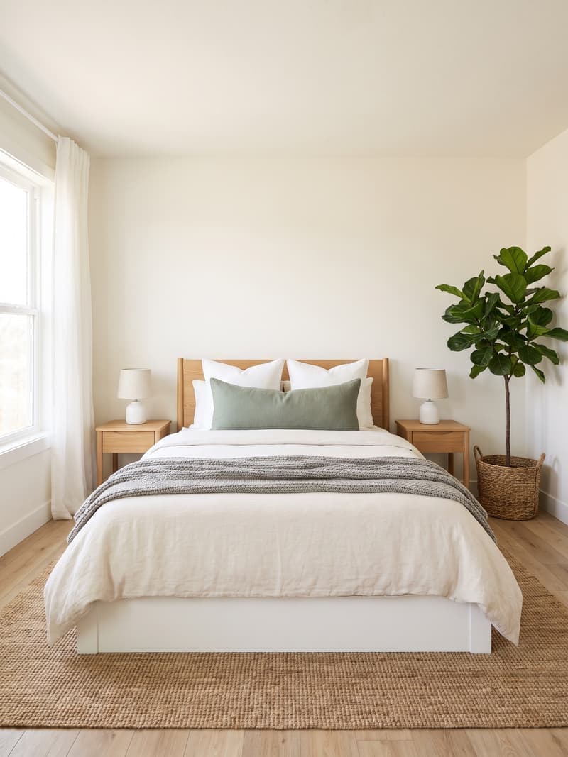 Dormitorio nórdico luminoso con cama blanca, mesillas de roble y luz natural