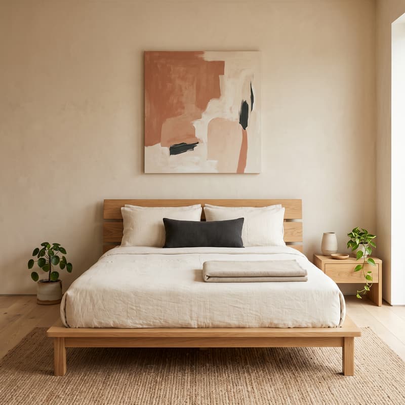 Dormitorio japandi con cama baja de roble, ropa de cama crema y vacío intencional