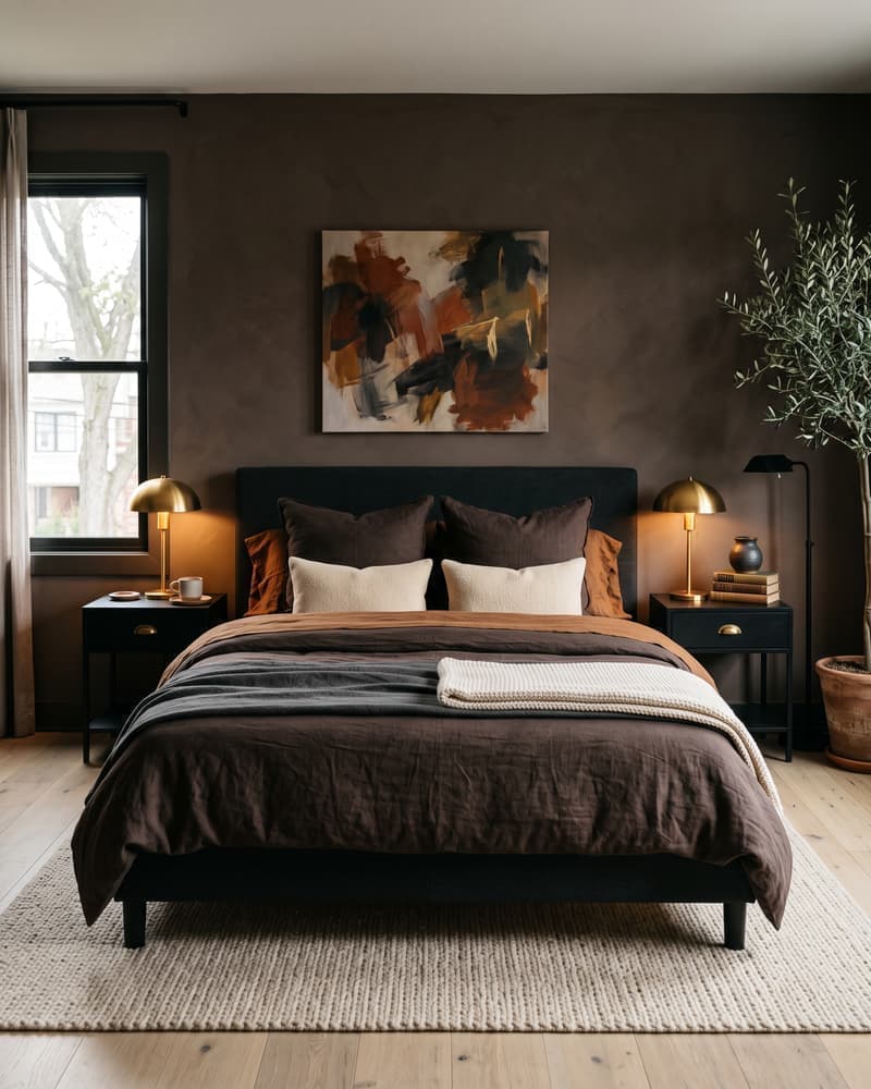Dormitorio moderno oscuro con cama en capas de chocolate, óxido y crema, con dos lámparas brass