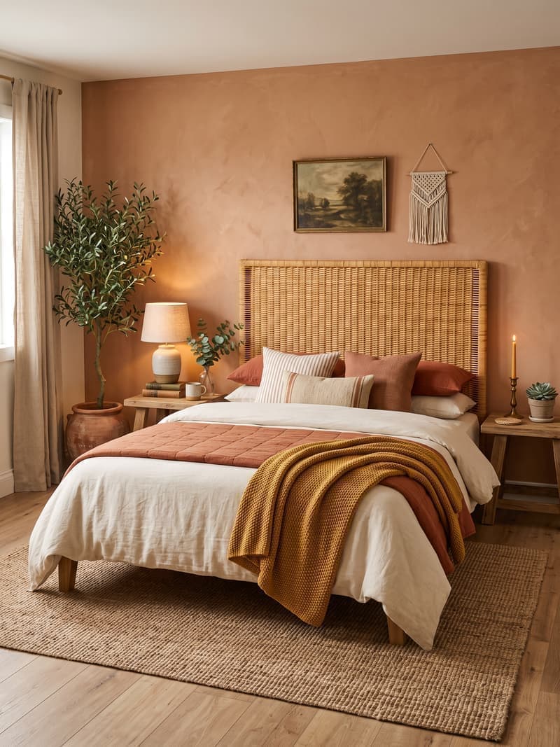 Dormitorio cálido mediterráneo con cabecero de mimbre, terracota y manta mostaza