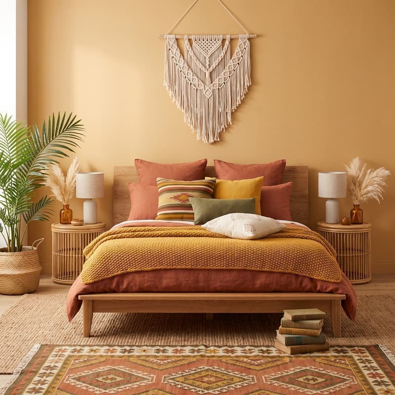 Dormitorio boho con macramé colgante, capas de cojines en terracota, mostaza y oliva