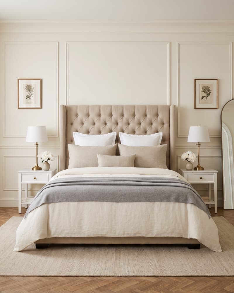 Dormitorio clásico elegante con cabecero tapizado, mesillas simétricas, espejos y arte botánico