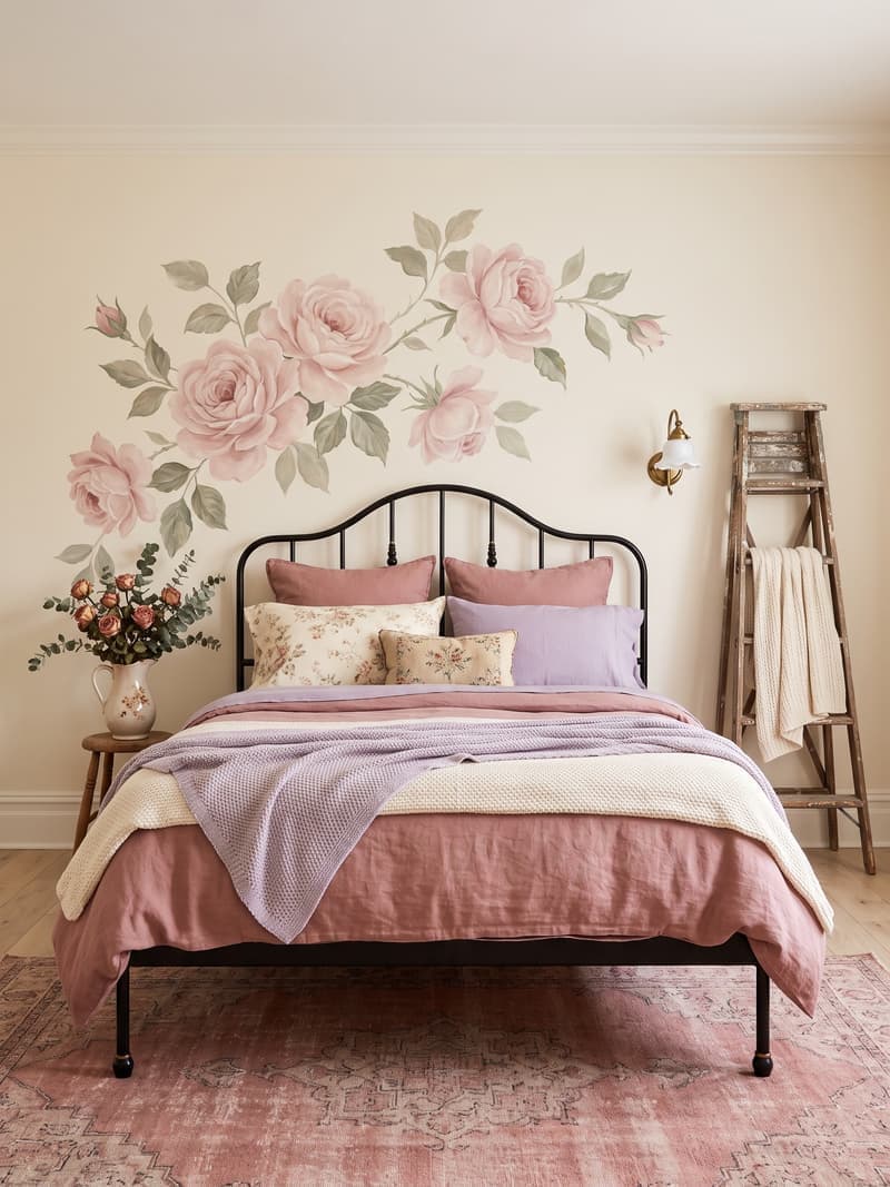 Dormitorio romántico vintage con cama de hierro negro, ropa de cama rosa viejo, mural botánico