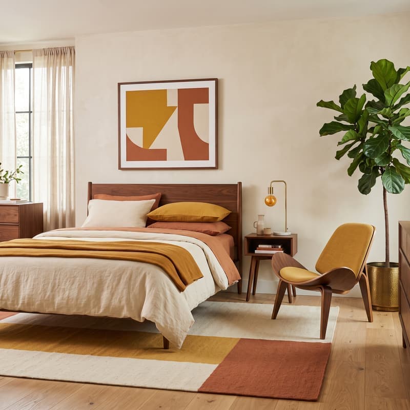 Dormitorio mid-century moderno con cabecera de nogal, arte abstracto, silla escultórica y planta
