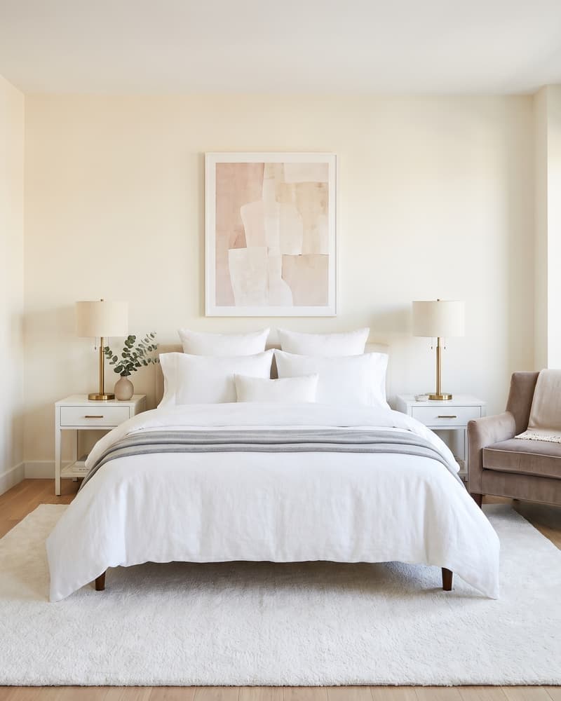 Dormitorio estilo hotel boutique con sábanas blancas, manta gris, sillón taupe y mesillas blancas con brass
