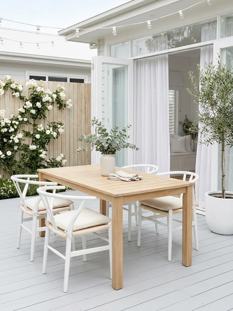 Terraza nórdica con deck de madera clara, muebles blancos de exterior, manta de lana sobre silla y vela aromática en mesa de centro