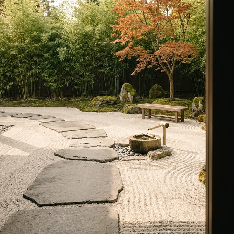 Jardín japandi con estanque de piedra, bambú, linterna de piedra, puente de madera y grava rastrillada en líneas