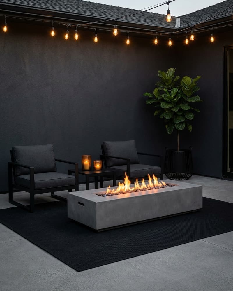 Patio moderno oscuro de noche con sofá negro de exterior, mesa de fuego cuadrada, luces LED en pared y plantas iluminadas
