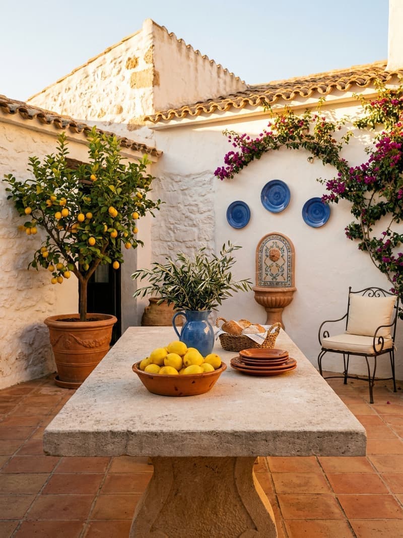 Patio mediterráneo con buganvillas rosa, azulejos pintados, fuente de cerámica, mesa de hierro forjado y olivo en maceta