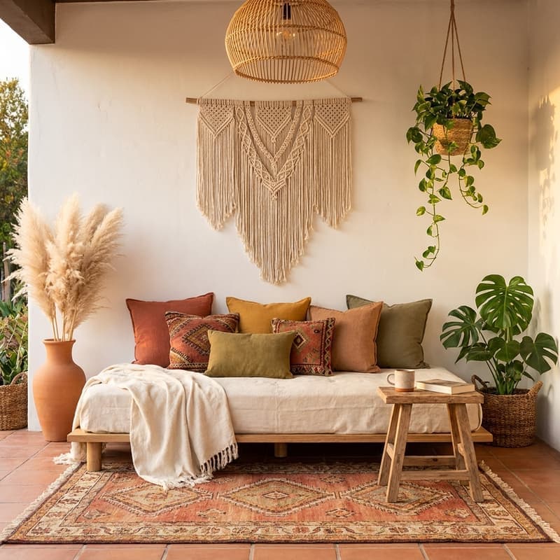 Patio boho con cojines étnicos coloridos, kilim extendido en el piso, plantas colgantes, farol moruno y tipi de tela