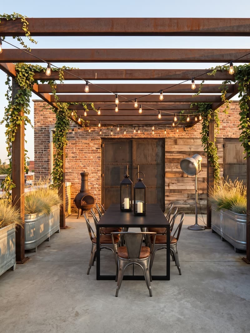 Patio industrial con mesa de metal negro, sillas Tolix con asiento de cuero, pared de ladrillo expuesto, luces Edison colgantes y chimenea de hierro