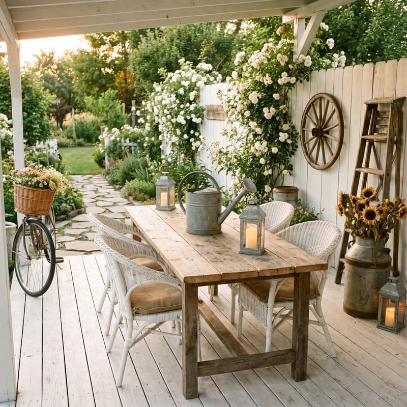 Porche farmhouse con mesa de madera recuperada, sillas de mimbre blanco, regadera galvanizada vintage, bicicleta con flores y girasoles