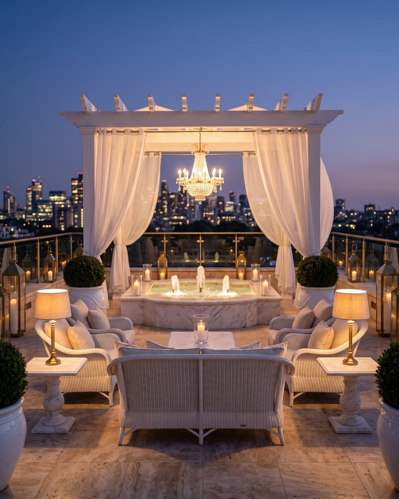 Terraza de hotel boutique con sofás simétricos de mimbre blanco, mesa de mármol con candelabro, fuente central, topiarios y faroles de latón
