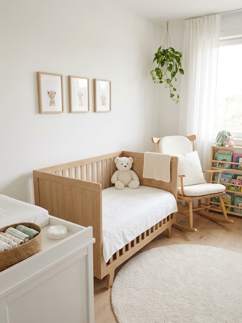 Habitación nórdica de bebé con cuna de roble claro, sábanas blancas, osito de peluche y libros infantiles en estante