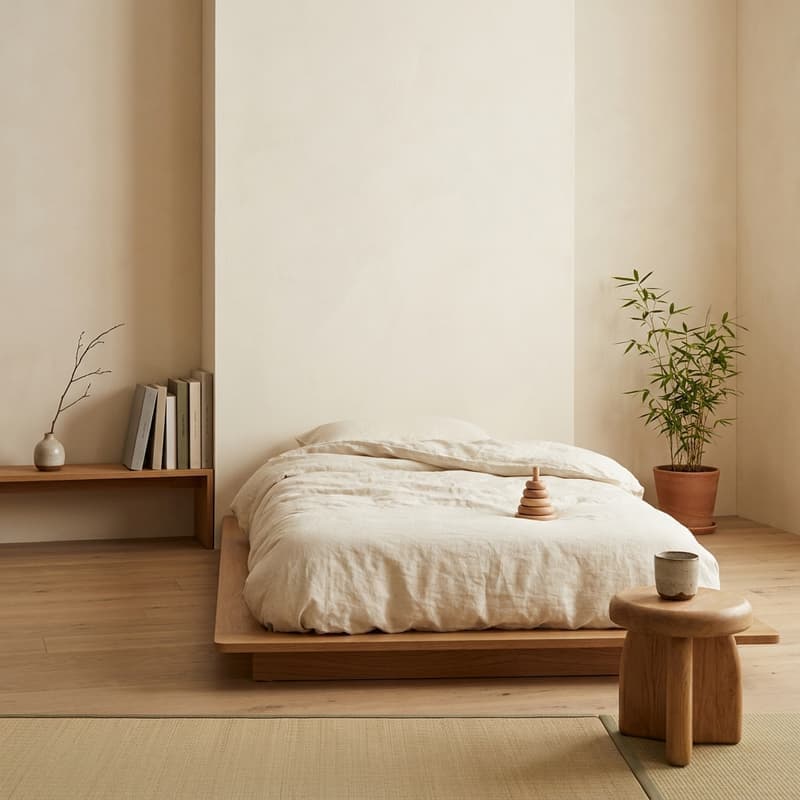 Habitación japandi serena de niño con cama plataforma baja de roble, ropa de cama de lino crema y planta de bambú