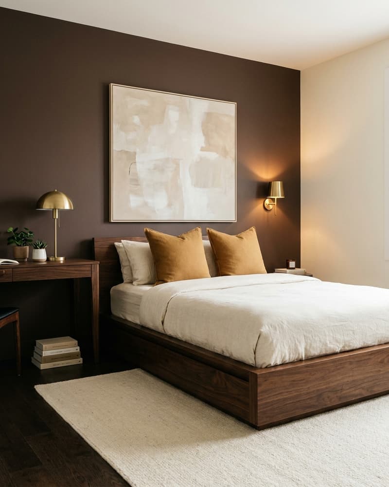 Habitación moderna oscura juvenil con cama de nogal, pared cocoa y arte abstracto, escritorio con lámpara brass