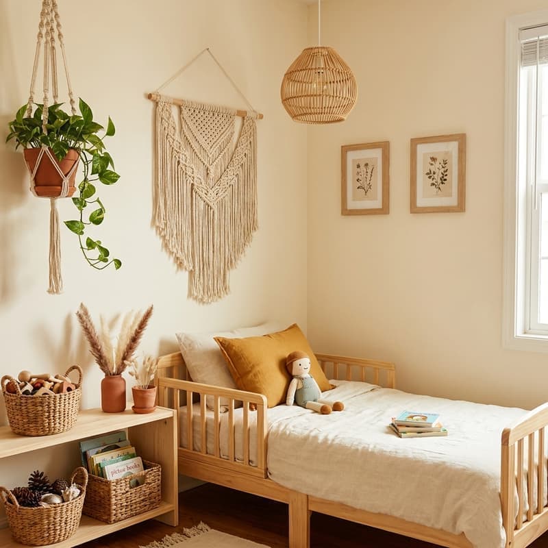 Habitación boho infantil con macramé grande sobre la cama, cestas de mimbre, plantas colgantes y peluche de ganchillo