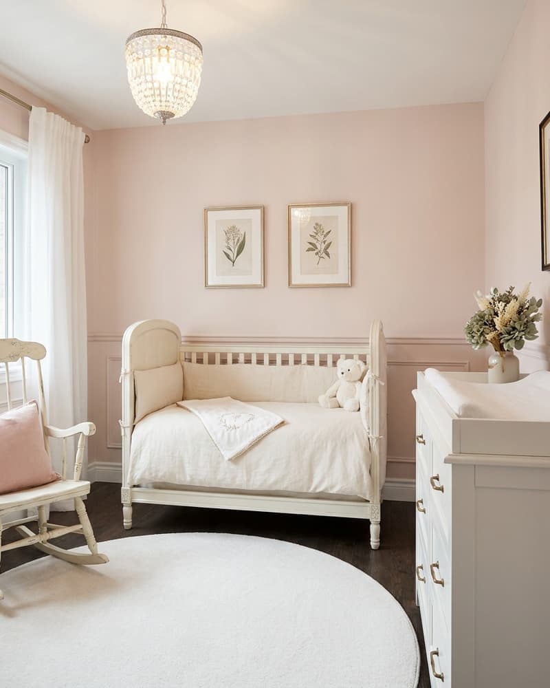 Habitación clásica elegante de bebé con cuna vintage blanca, mecedora blanca, alfombra redonda, cuadros botánicos y araña de cristal