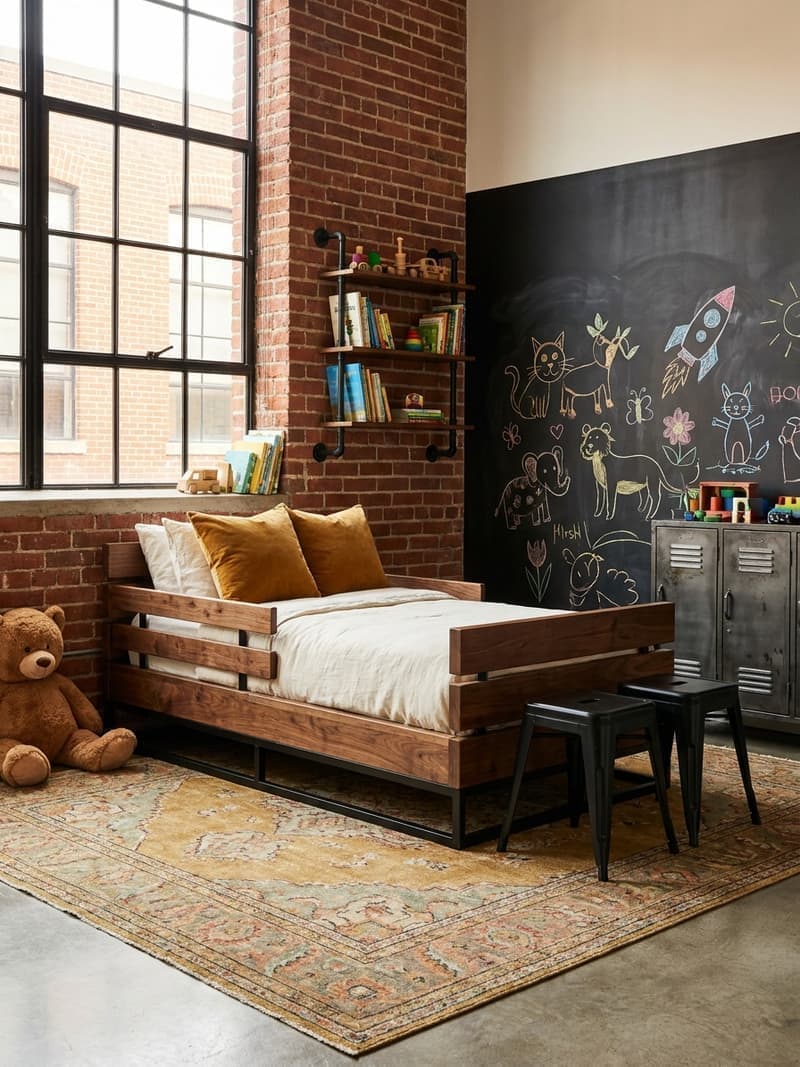 Habitación industrial infantil con cama de madera y estructura negra, pared de ladrillo, pizarra grande con dibujos de tiza y oso de peluche